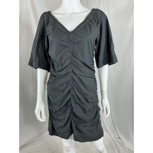 Ganni Poplin Black Cotton V-Neck Mini Dress Size 40 - Picture 2 of 4
